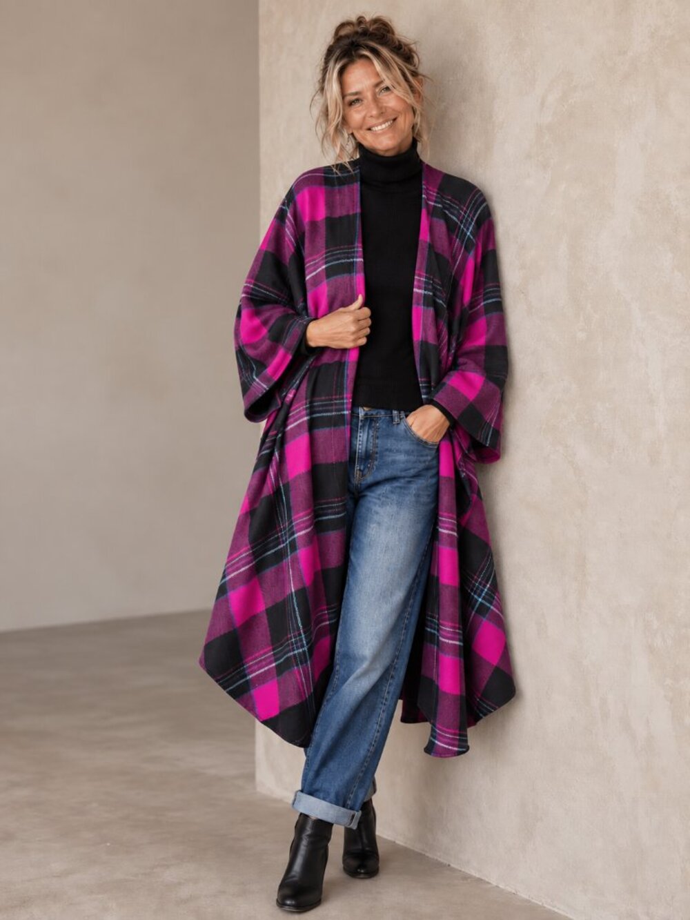 Reversible wool plaid cape, oversized